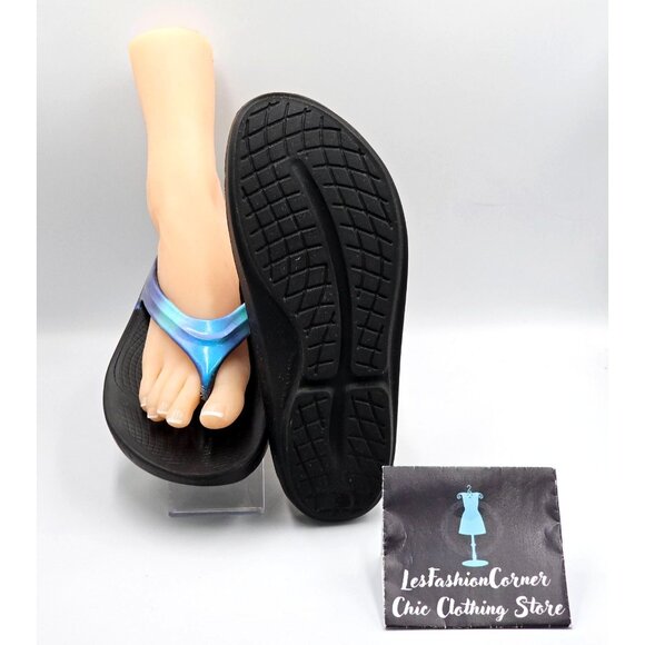 Oofos Women's Iridescent Black & Blue Oolala Luxe Flip Flops Size W10 2831 - Picture 4 of 16